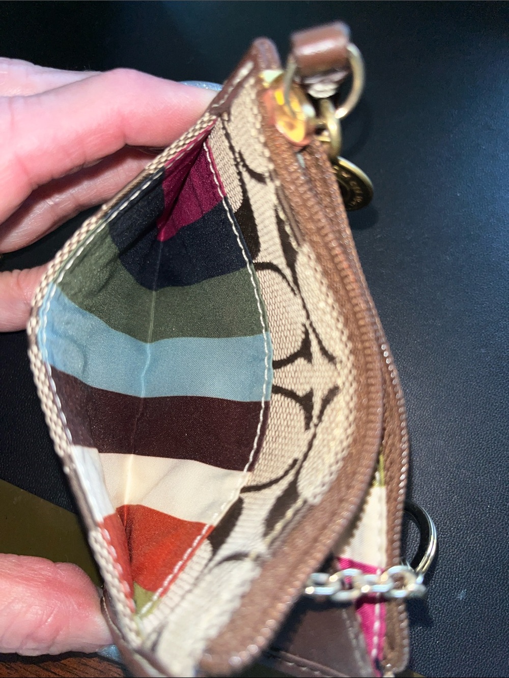 Coach Brown Signature Canvas Card Case with Gold Charm and Key ring